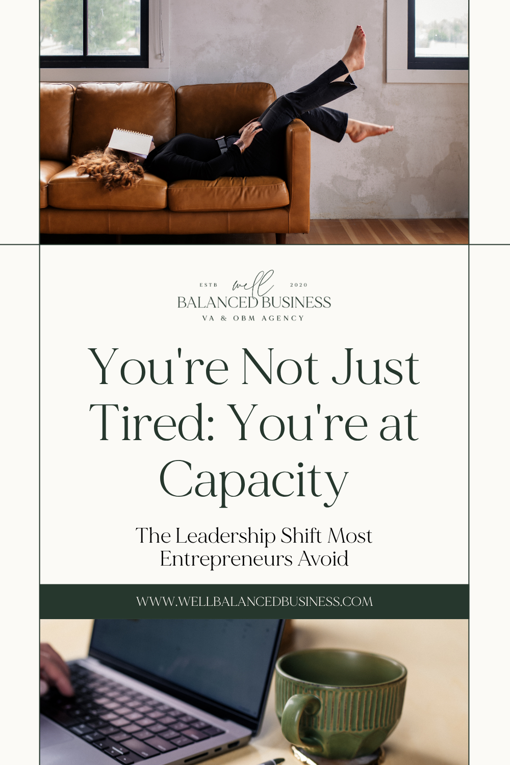 Overwhelmed entrepreneur lying on tan leather couch with laptop and notebook, representing business owner burnout and capacity overload